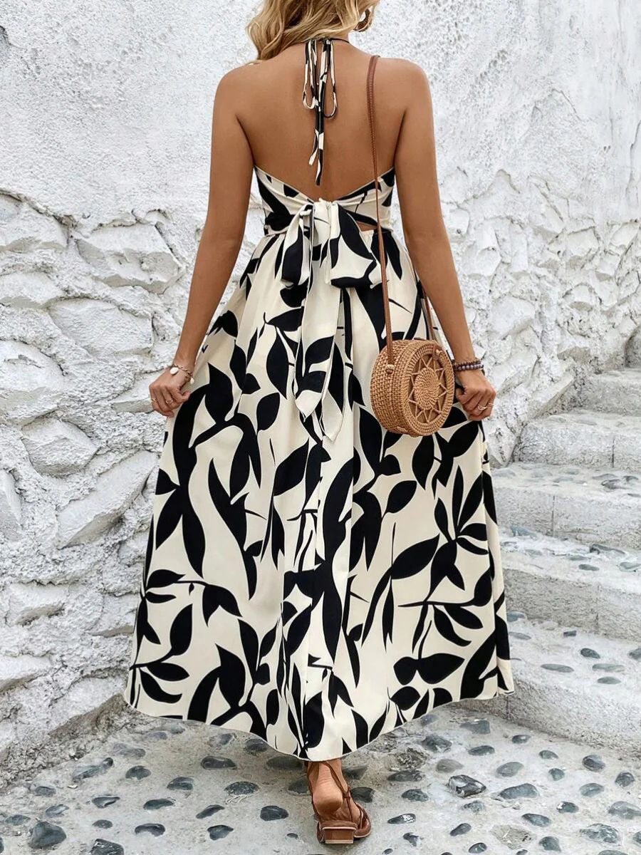 Leaf Print Hollow-Out Pleated Halter Neck Long Dress - Image 2