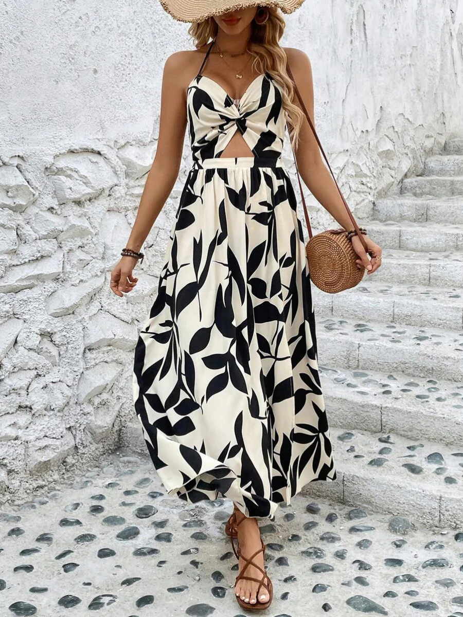 Leaf Print Hollow-Out Pleated Halter Neck Long Dress - Image 6