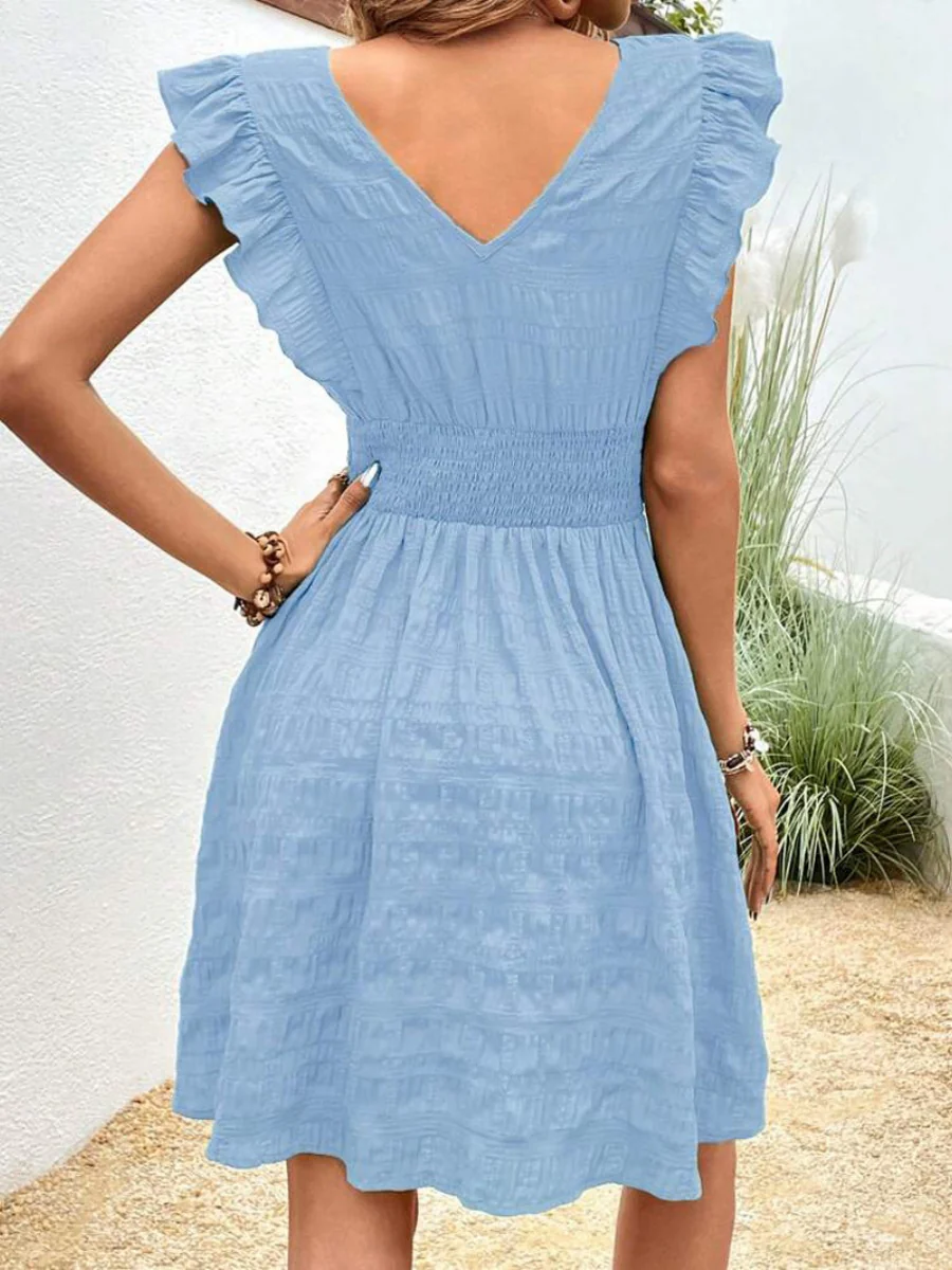V-neck Pleated Ruffles Solid Color Mini&Short Dresses - Image 16