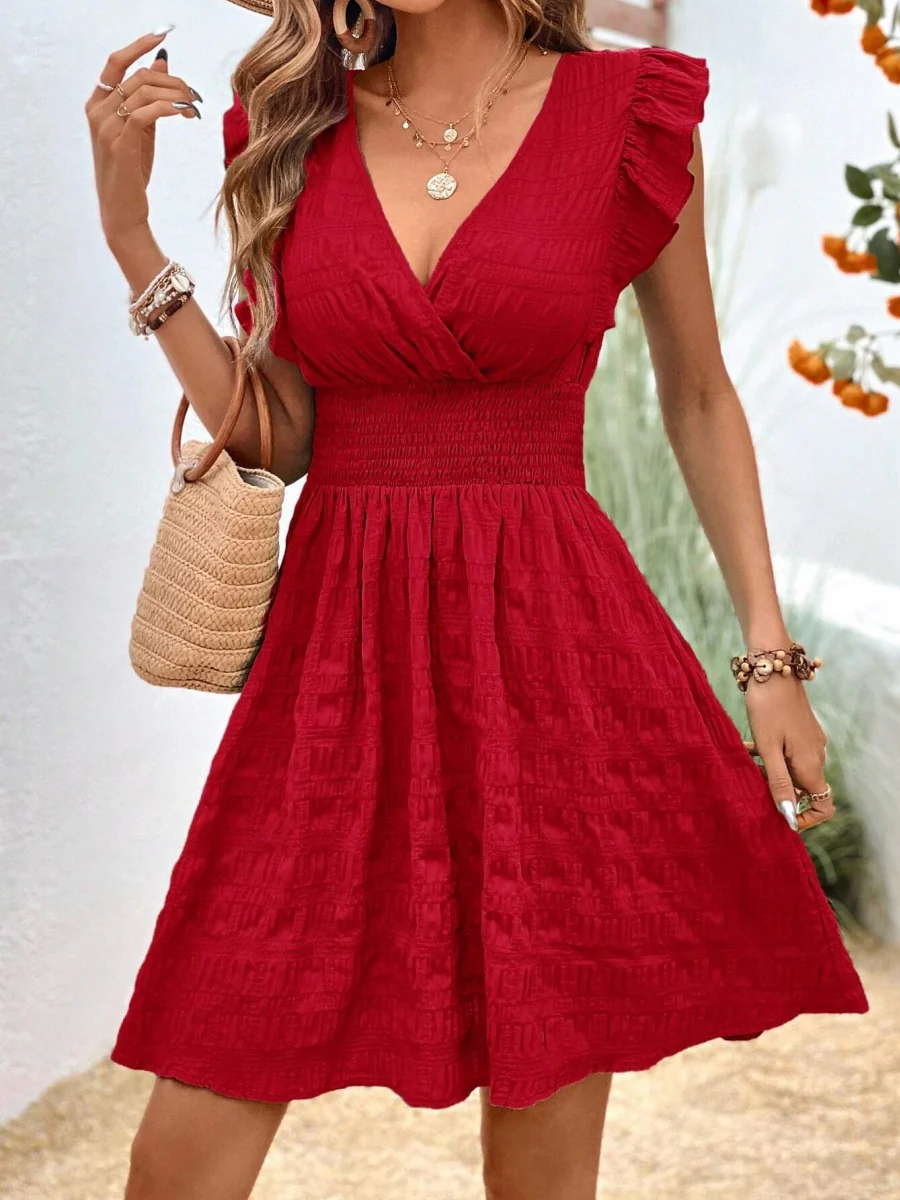 V-neck Pleated Ruffles Solid Color Mini&Short Dresses - Image 6