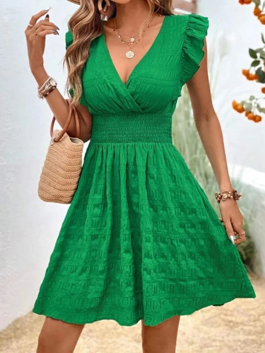 V-neck Pleated Ruffles Solid Color Mini&Short Dresses - Image 8