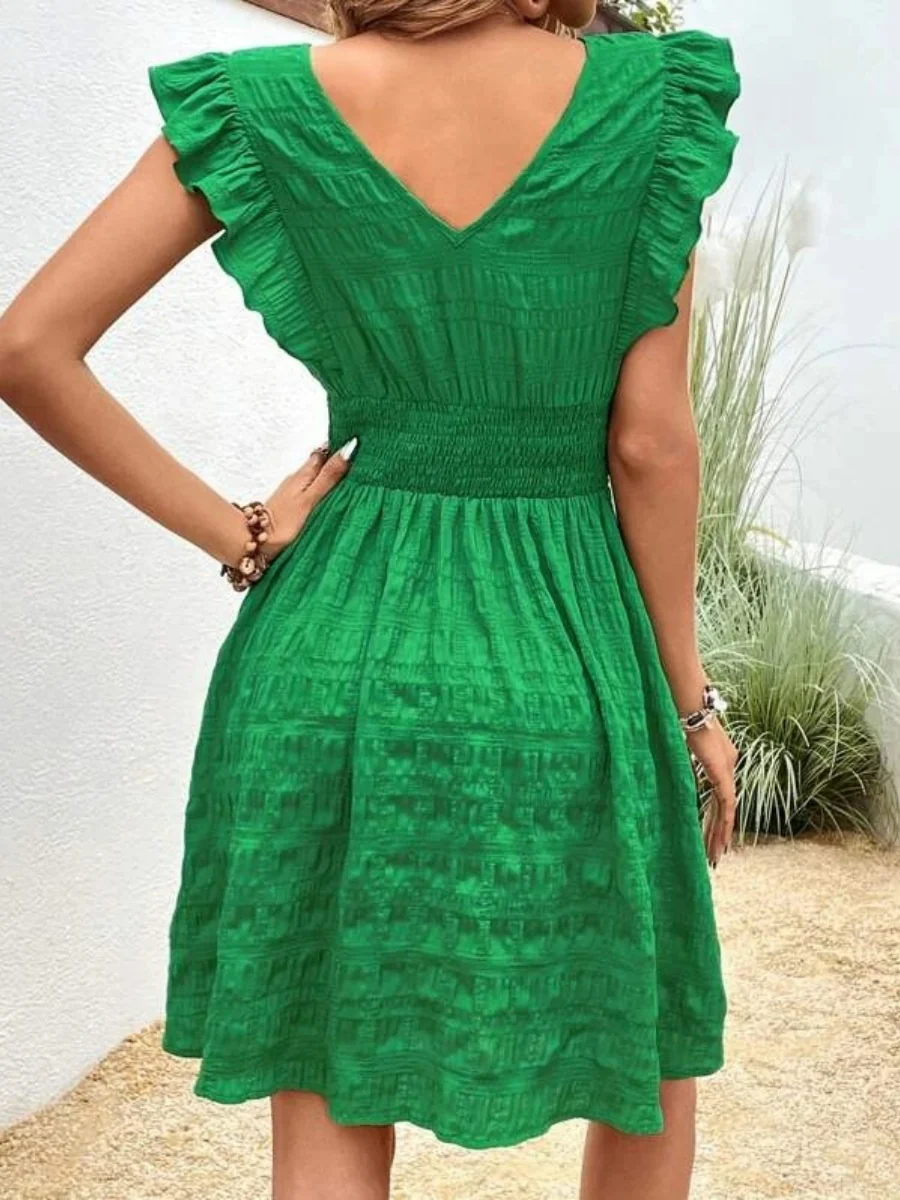 V-neck Pleated Ruffles Solid Color Mini&Short Dresses - Image 9