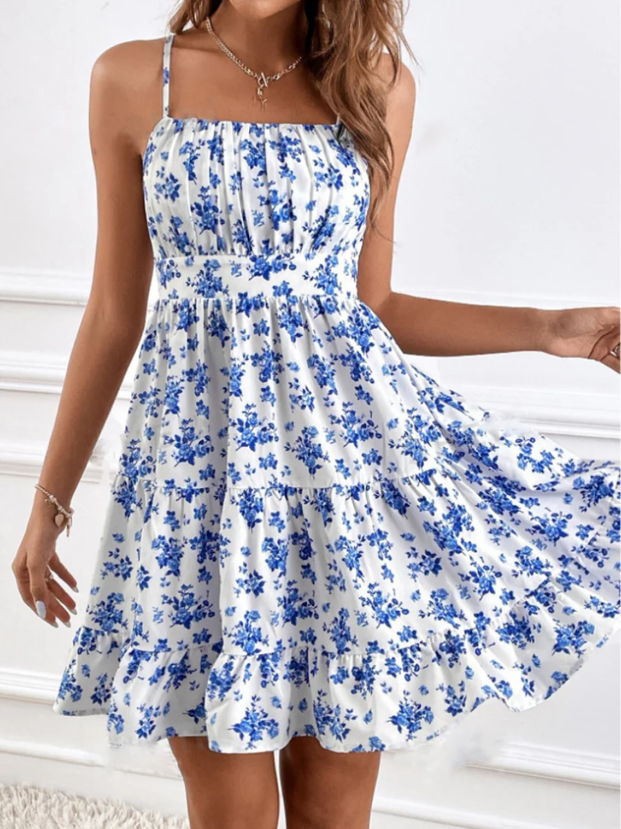Floral Ruffled Halter Top, Sleeveless, Fitted Waist Mini&Short Dresses - Image 4