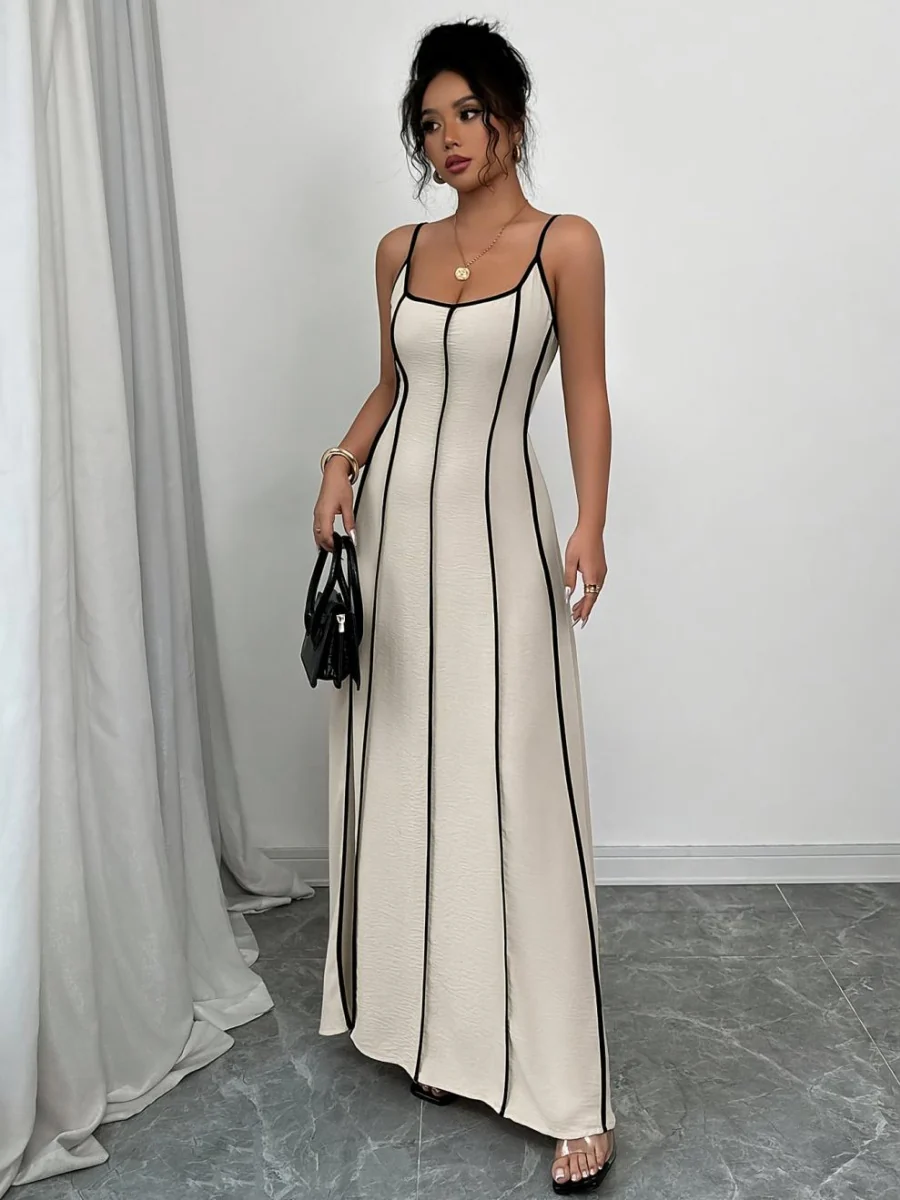 Thin Shoulder Straps Backless Color Matching Color-blocked Camisoles Maxi Dresses - Image 3