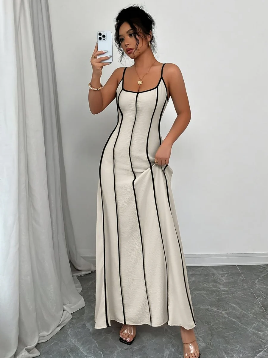 Thin Shoulder Straps Backless Color Matching Color-blocked Camisoles Maxi Dresses - Image 4