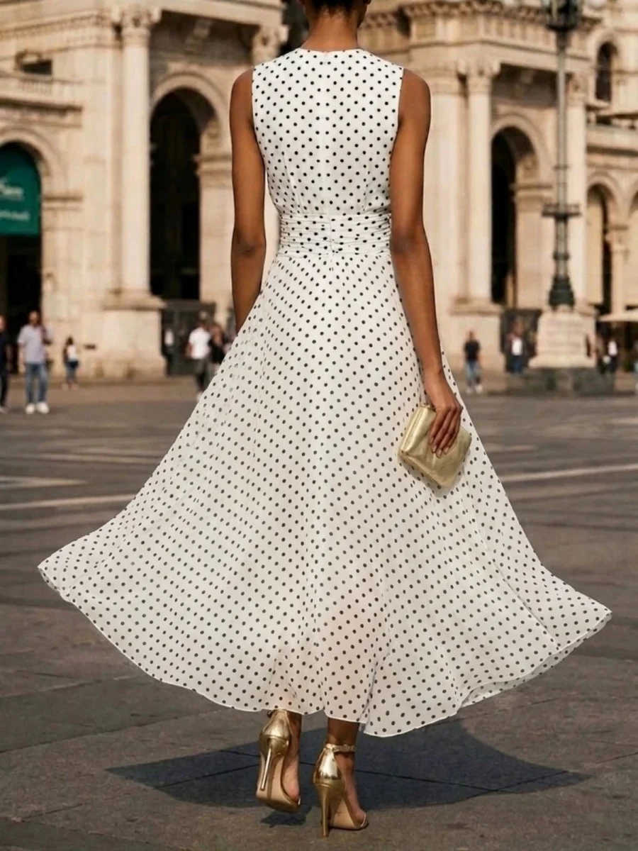 Sleeveless Polka Dots Waist Grace Temperament Maxi Dresses - Image 2