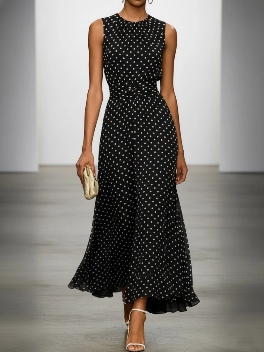 Sleeveless Polka Dots Waist Grace Temperament Maxi Dresses - Image 3