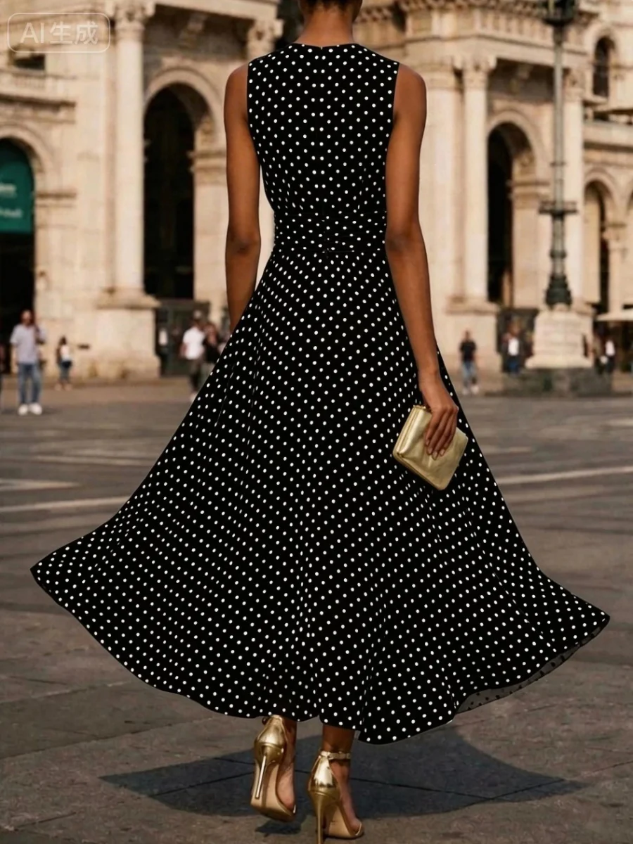 Sleeveless Polka Dots Waist Grace Temperament Maxi Dresses - Image 4