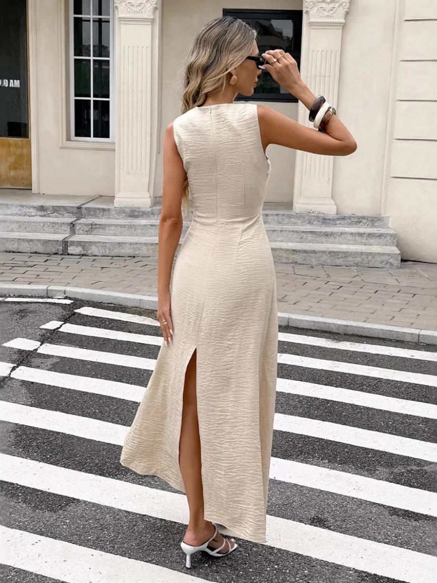 Crew Neck Sleeveless Kink Slim-fit Maxi Dresses - Image 4