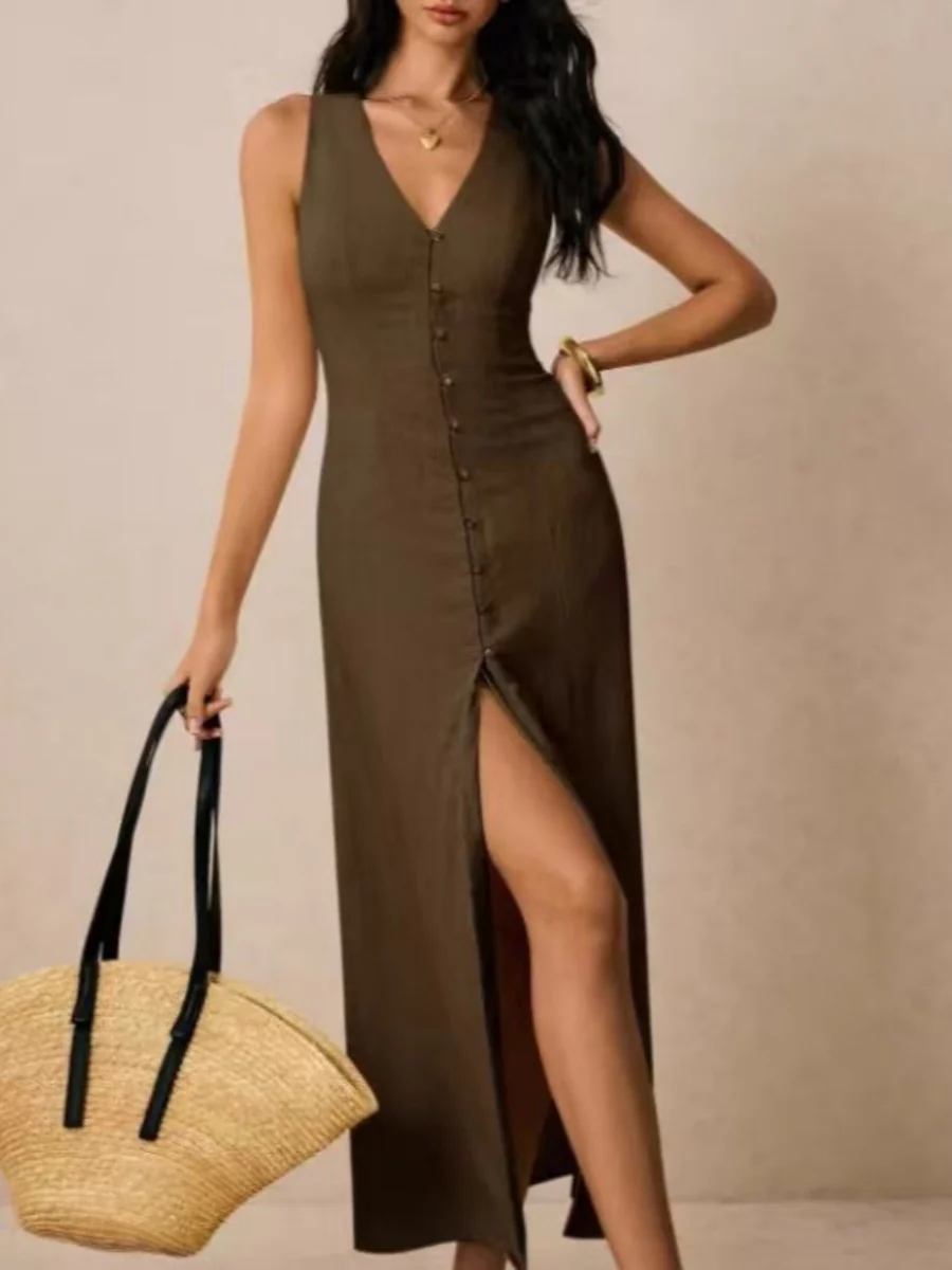 V-neck Button Temperament Slit Sleeveless Maxi Dresses - Image 3