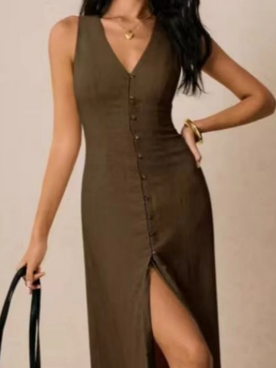 V-neck Button Temperament Slit Sleeveless Maxi Dresses - Image 4