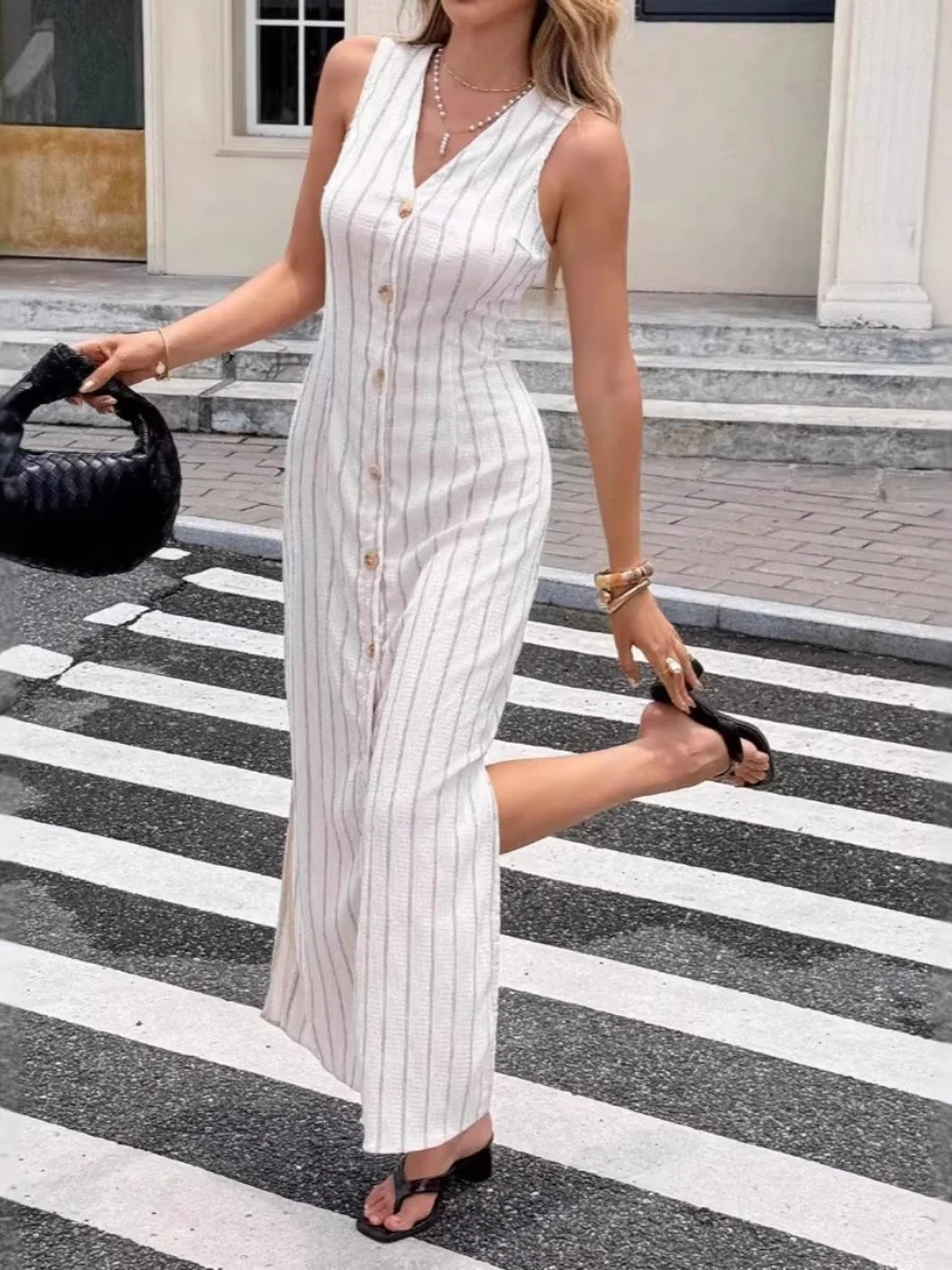 V-neck Sleeveless Slit Button Stripes Maxi Dresses - Image 3