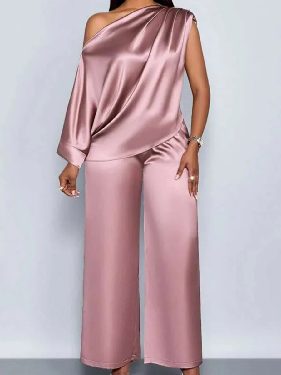 Satin Sloping Shoulders Short Sleeve Jacket Wide-leg Pants Set 2-piece Sets - Image 10
