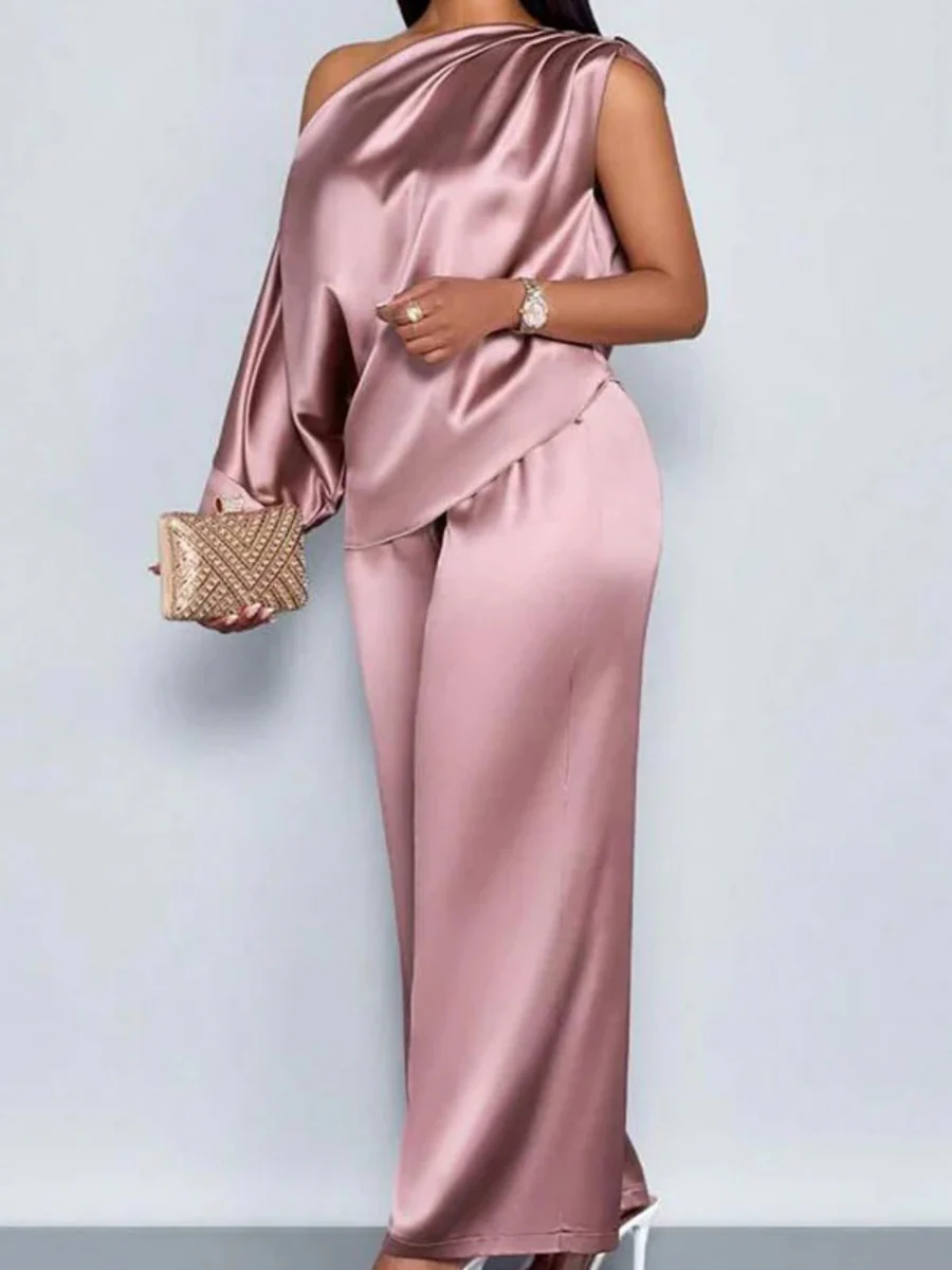 Satin Sloping Shoulders Short Sleeve Jacket Wide-leg Pants Set 2-piece Sets - Image 12