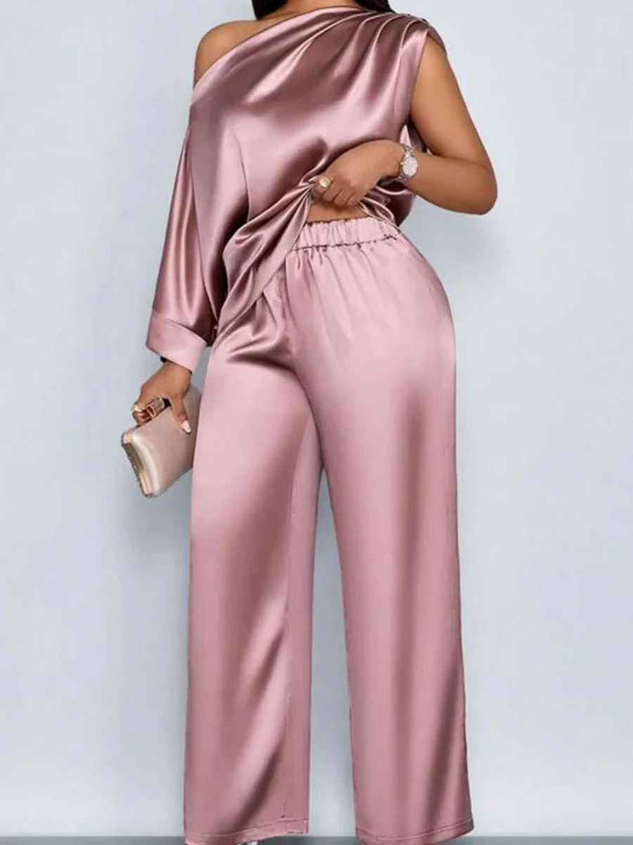 Satin Sloping Shoulders Short Sleeve Jacket Wide-leg Pants Set 2-piece Sets - Image 13