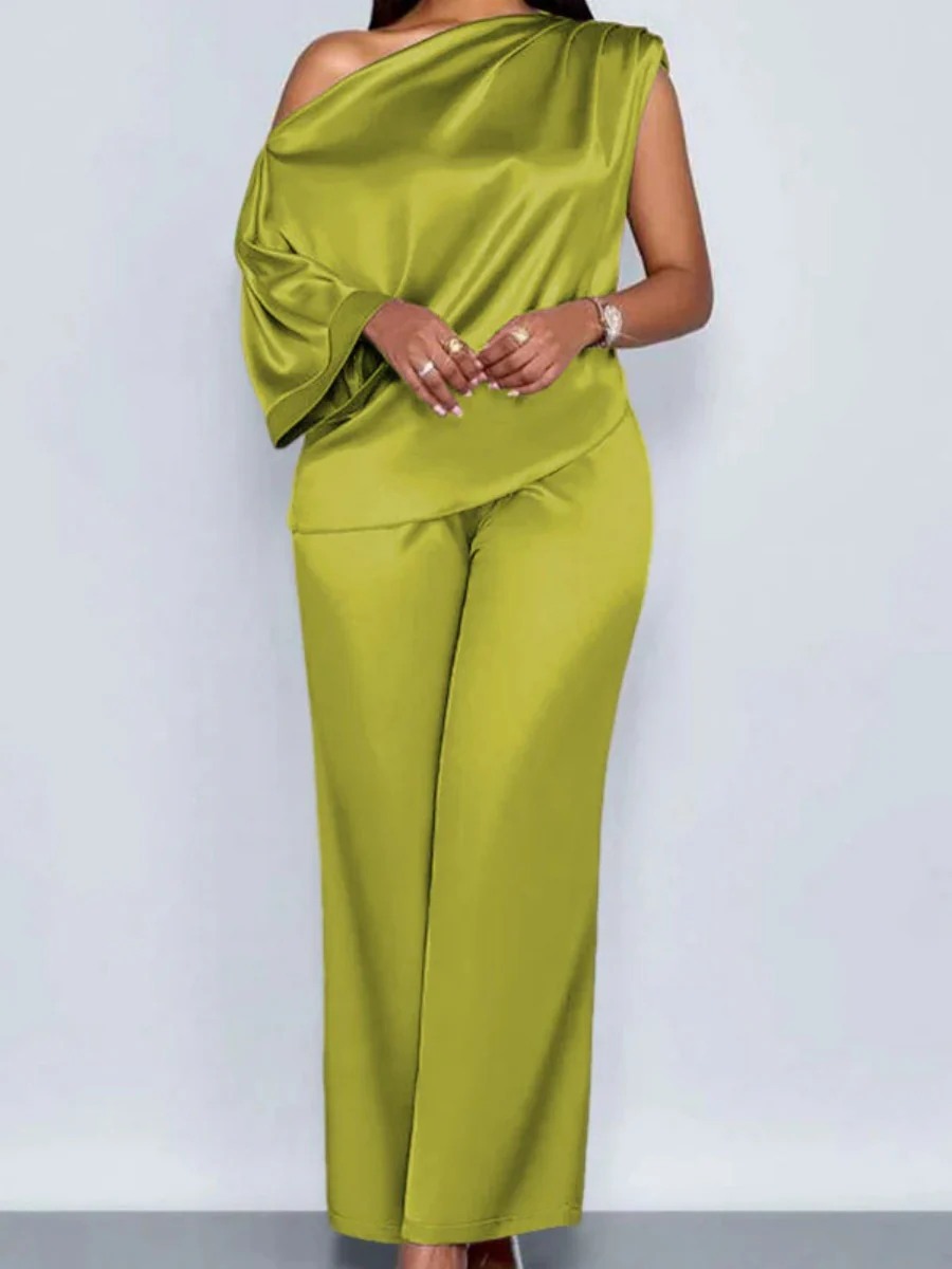 Satin Sloping Shoulders Short Sleeve Jacket Wide-leg Pants Set 2-piece Sets - Image 14