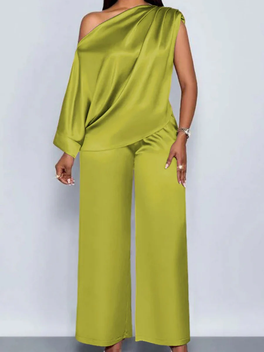 Satin Sloping Shoulders Short Sleeve Jacket Wide-leg Pants Set 2-piece Sets - Image 15