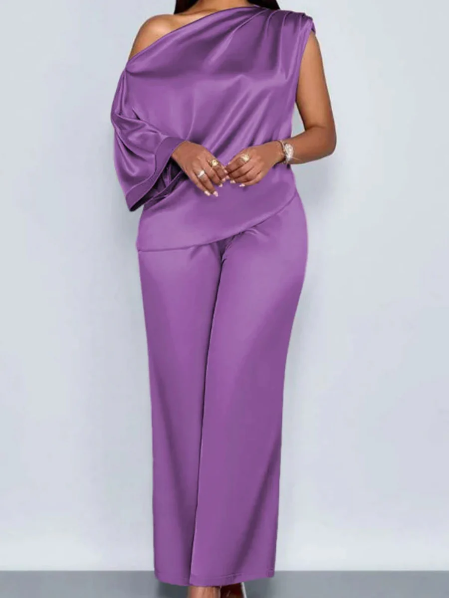 Satin Sloping Shoulders Short Sleeve Jacket Wide-leg Pants Set 2-piece Sets - Image 16