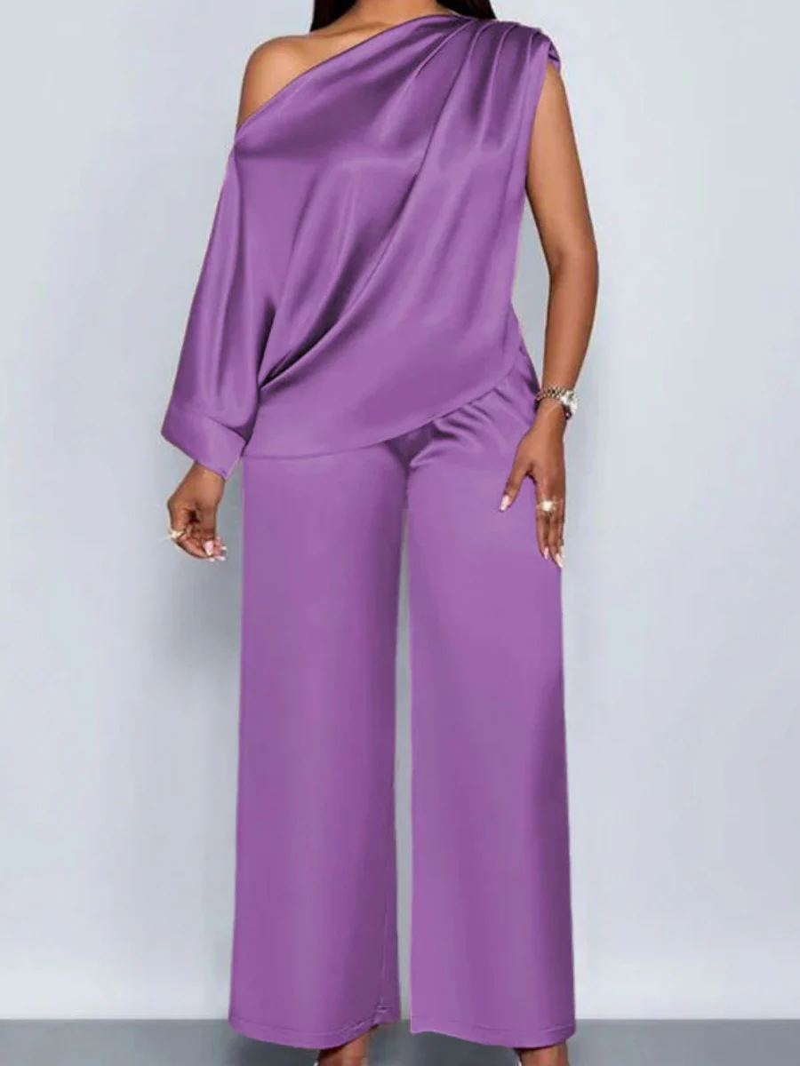 Satin Sloping Shoulders Short Sleeve Jacket Wide-leg Pants Set 2-piece Sets - Image 17