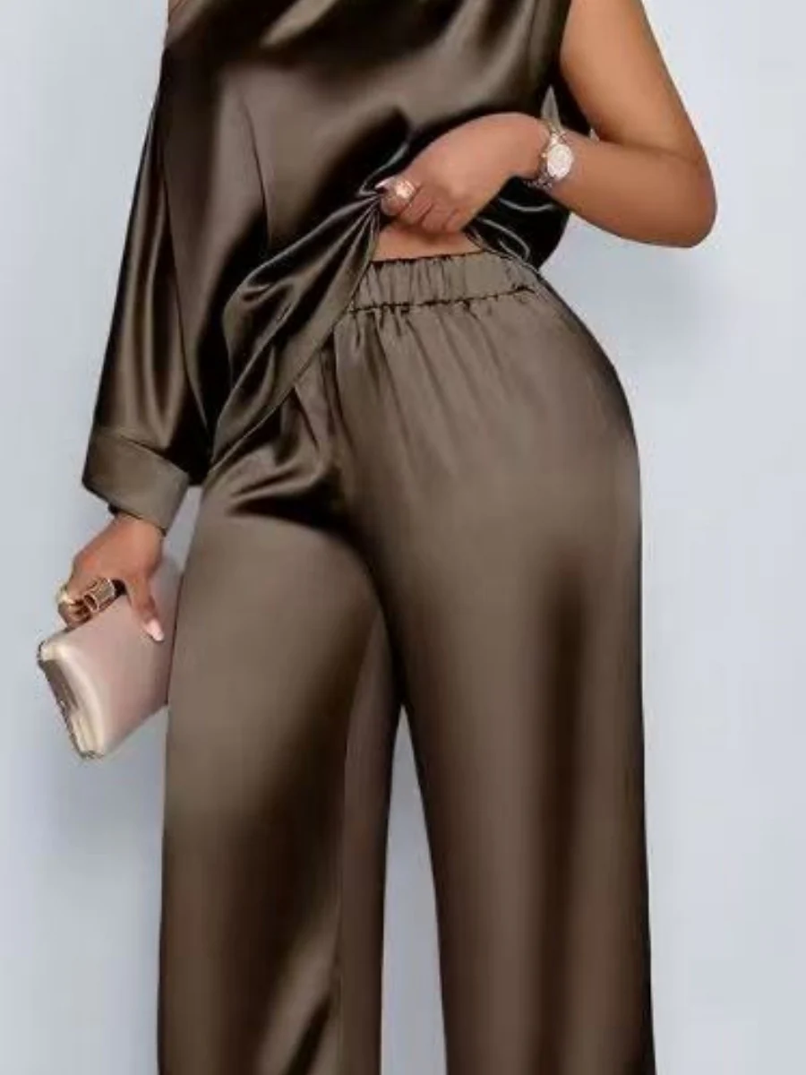 Satin Sloping Shoulders Short Sleeve Jacket Wide-leg Pants Set 2-piece Sets - Image 18