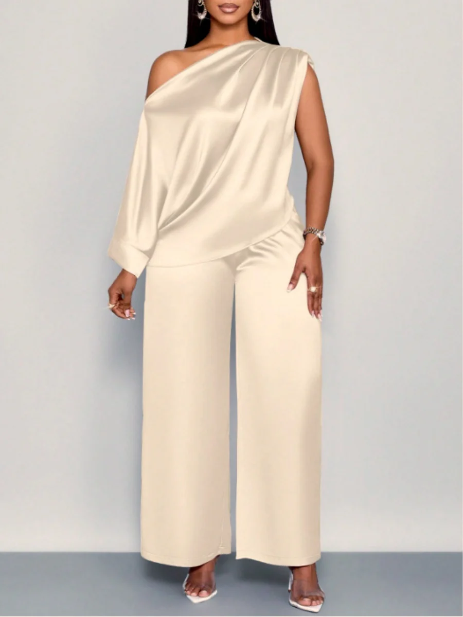 Satin Sloping Shoulders Short Sleeve Jacket Wide-leg Pants Set 2-piece Sets - Image 3