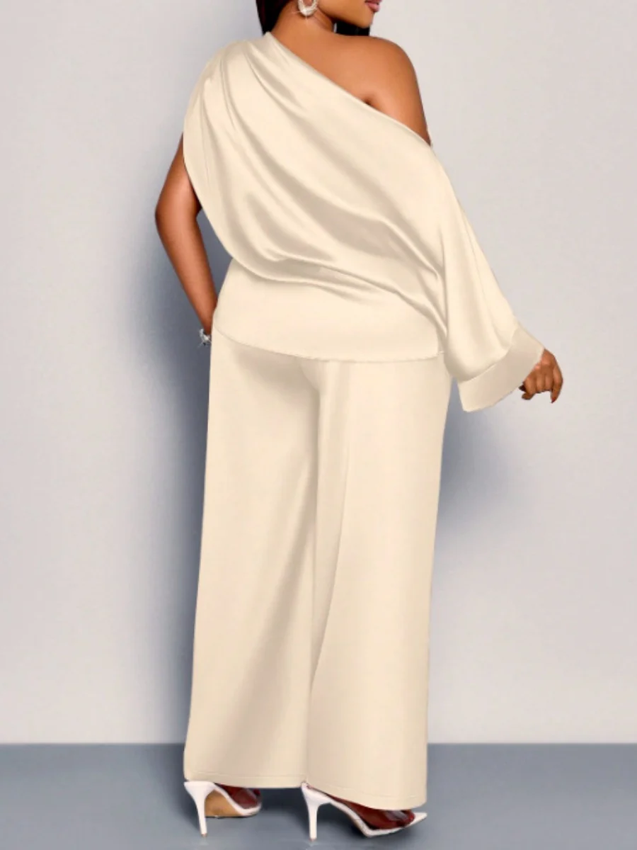 Satin Sloping Shoulders Short Sleeve Jacket Wide-leg Pants Set 2-piece Sets - Image 5