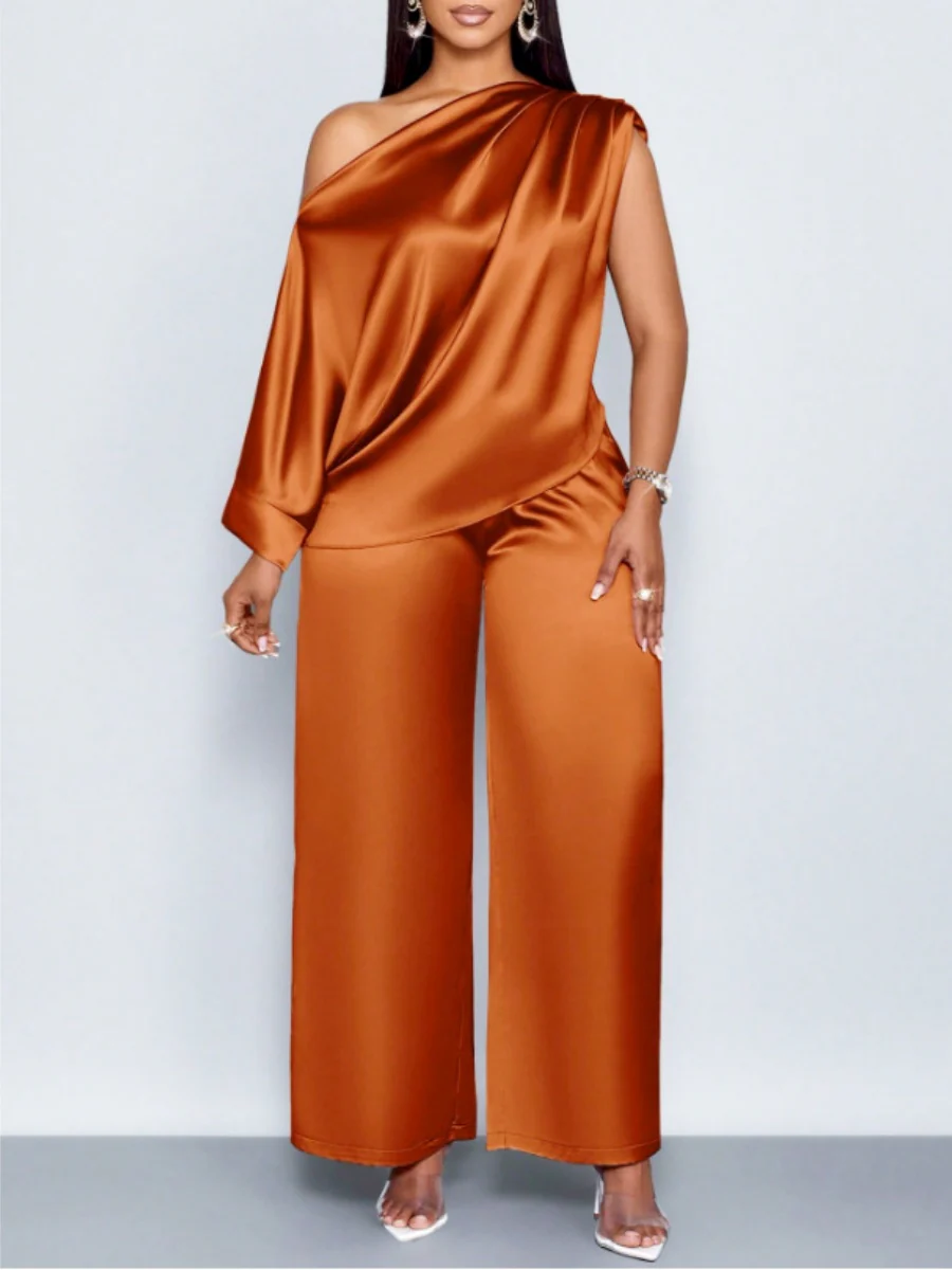 Satin Sloping Shoulders Short Sleeve Jacket Wide-leg Pants Set 2-piece Sets - Image 6
