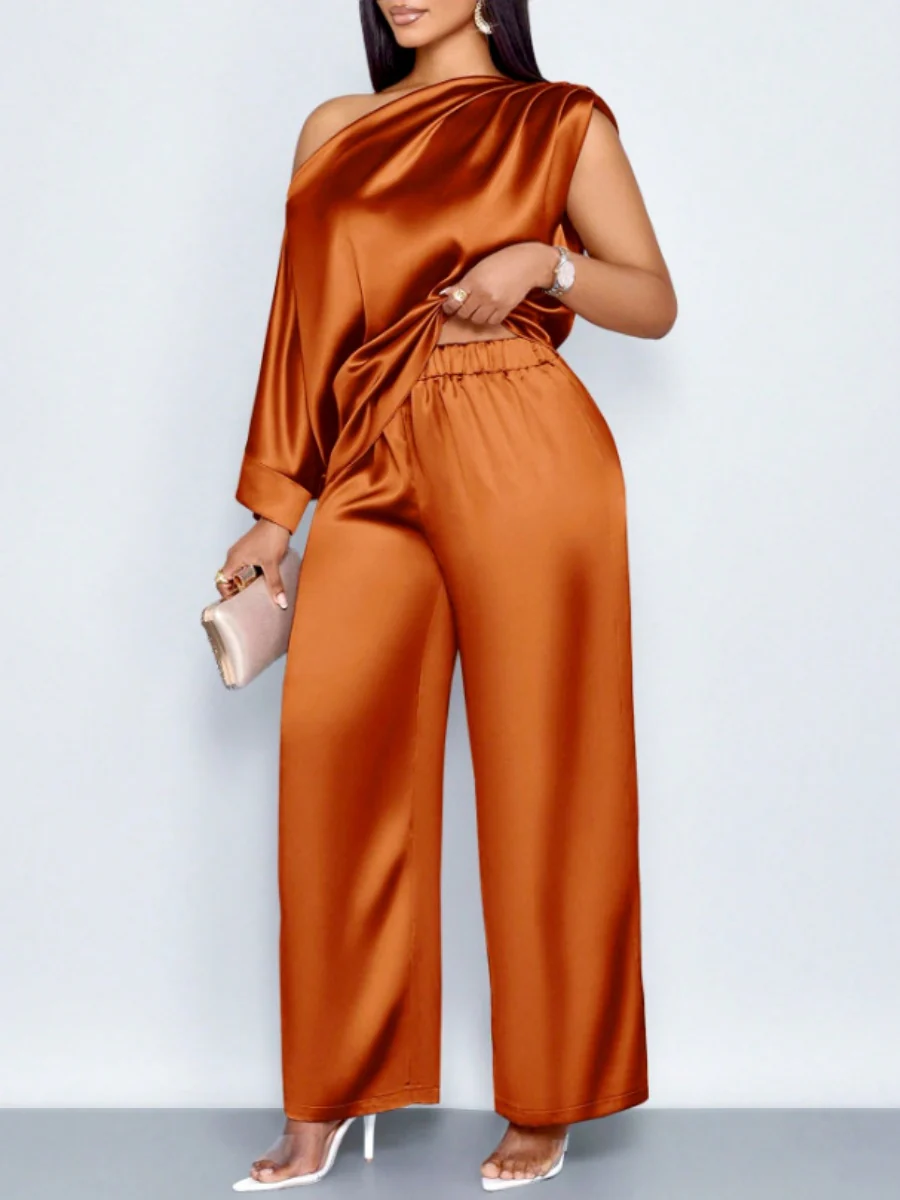 Satin Sloping Shoulders Short Sleeve Jacket Wide-leg Pants Set 2-piece Sets - Image 7