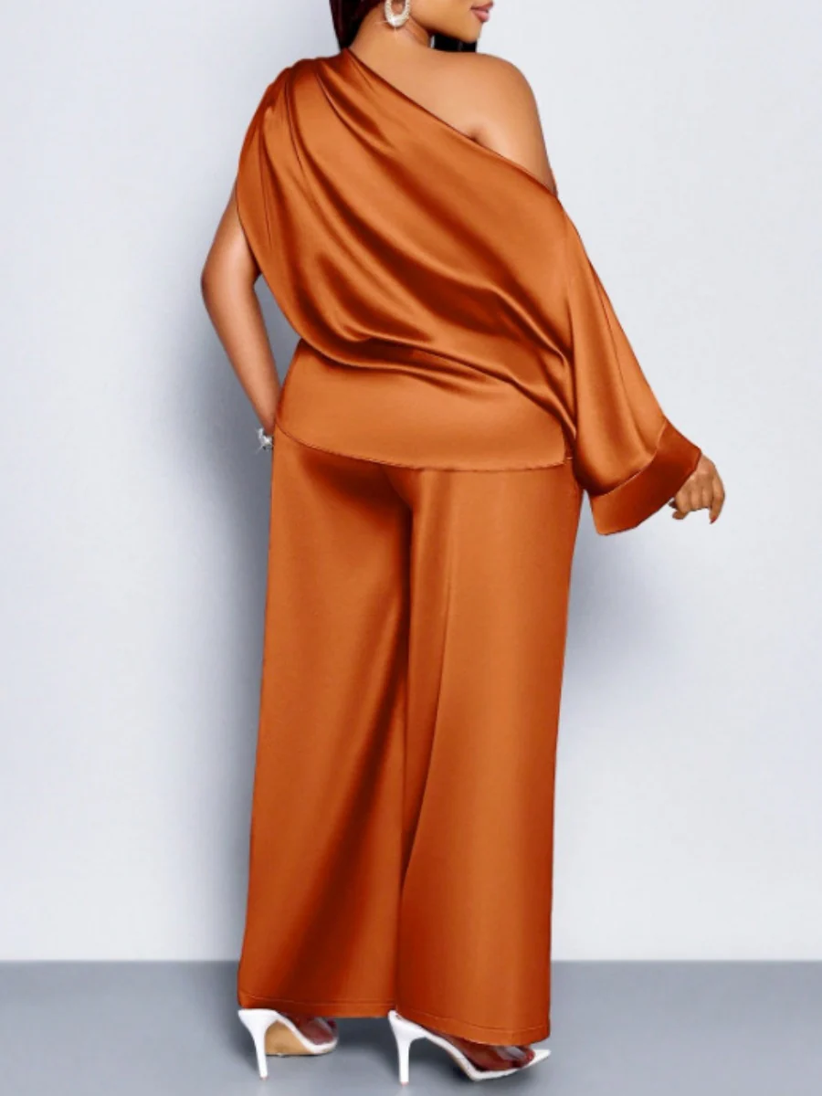 Satin Sloping Shoulders Short Sleeve Jacket Wide-leg Pants Set 2-piece Sets - Image 9