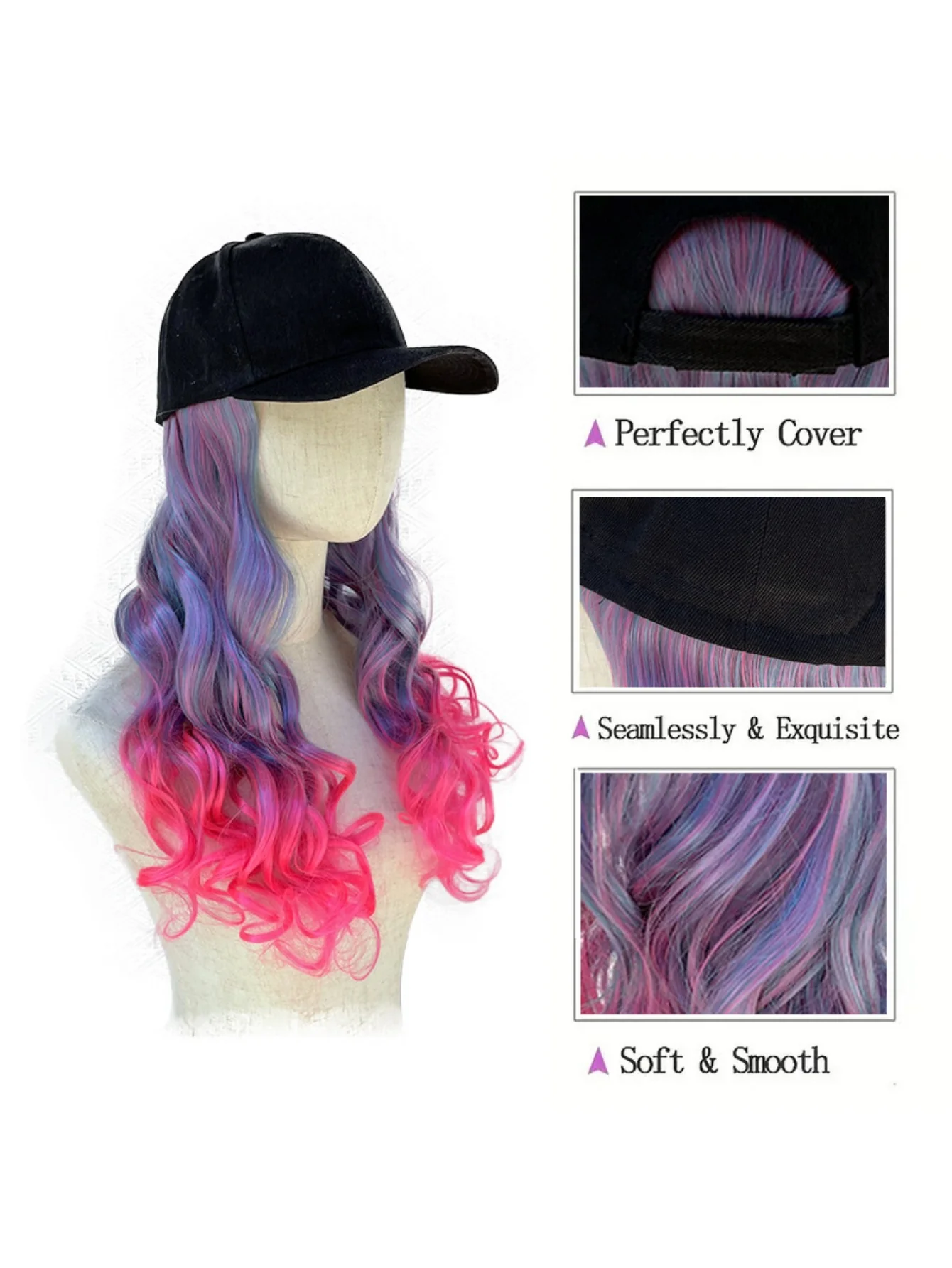 One-piece Baseball Cap Long Wavy Curls Synthetic Colored Wig - Image 5