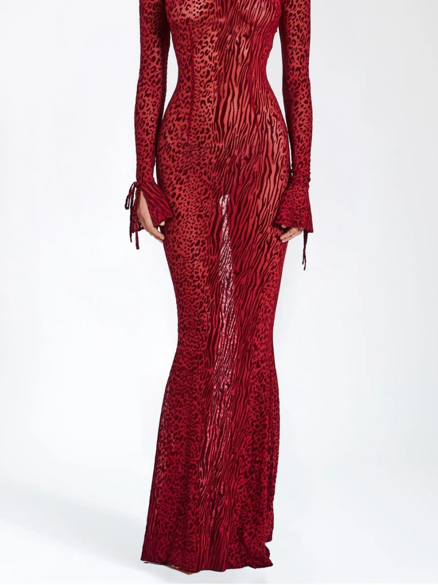 Backless Slightly Flared Sleeves Fishtail Skirt Mesh Printing Maxi Dresses - Image 5