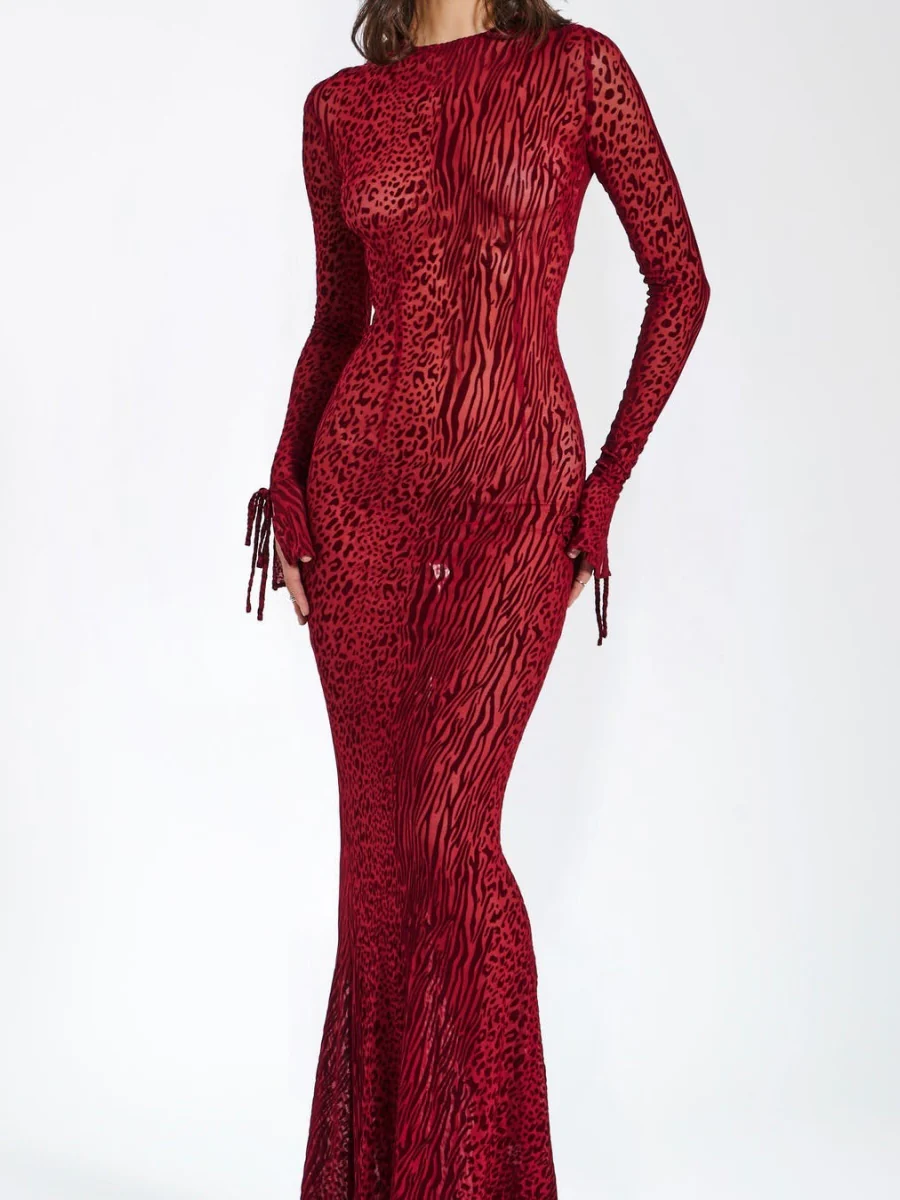 Backless Slightly Flared Sleeves Fishtail Skirt Mesh Printing Maxi Dresses - Image 6