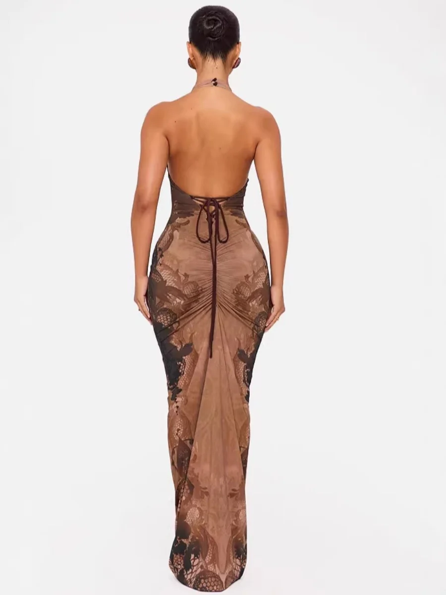 Halter French Backless Printed Formal Dress Maxi Dresses - Image 2