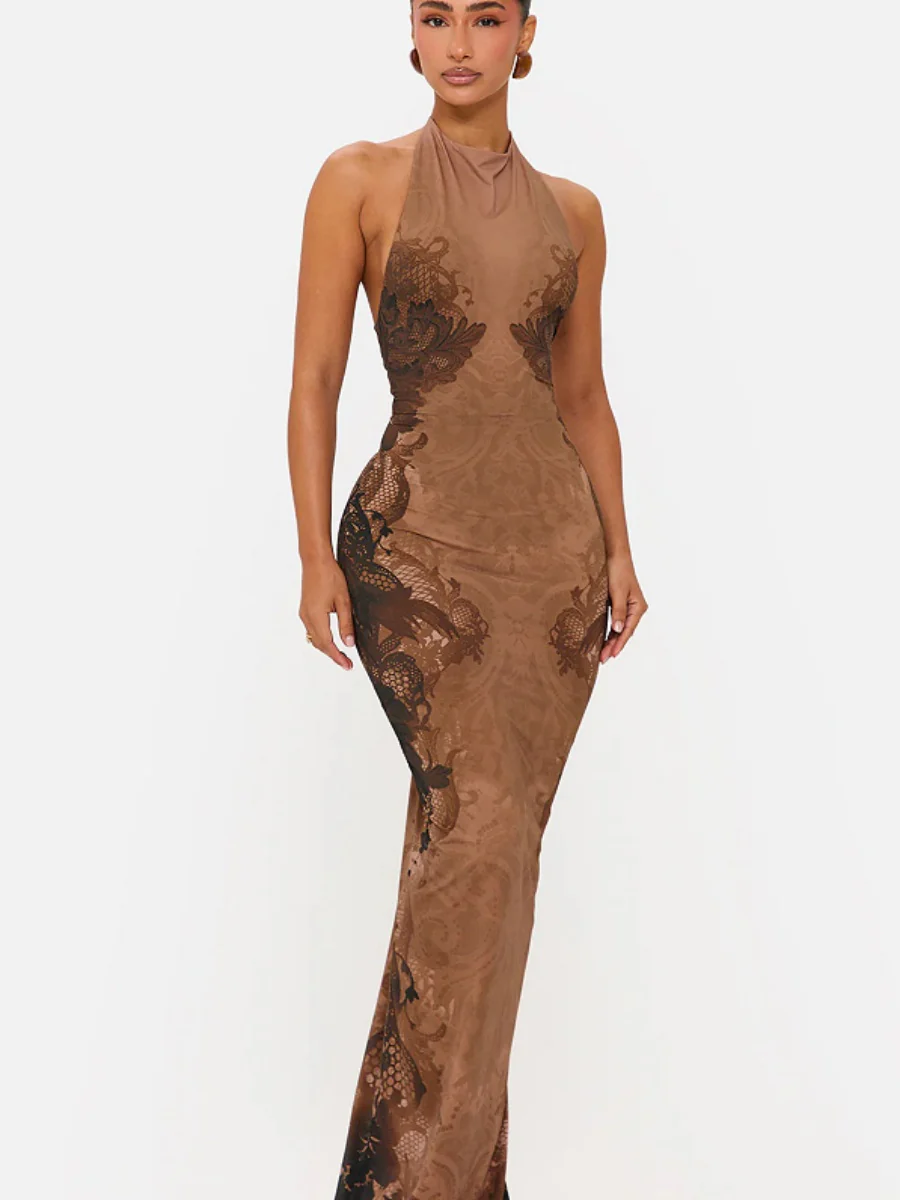 Halter French Backless Printed Formal Dress Maxi Dresses - Image 6