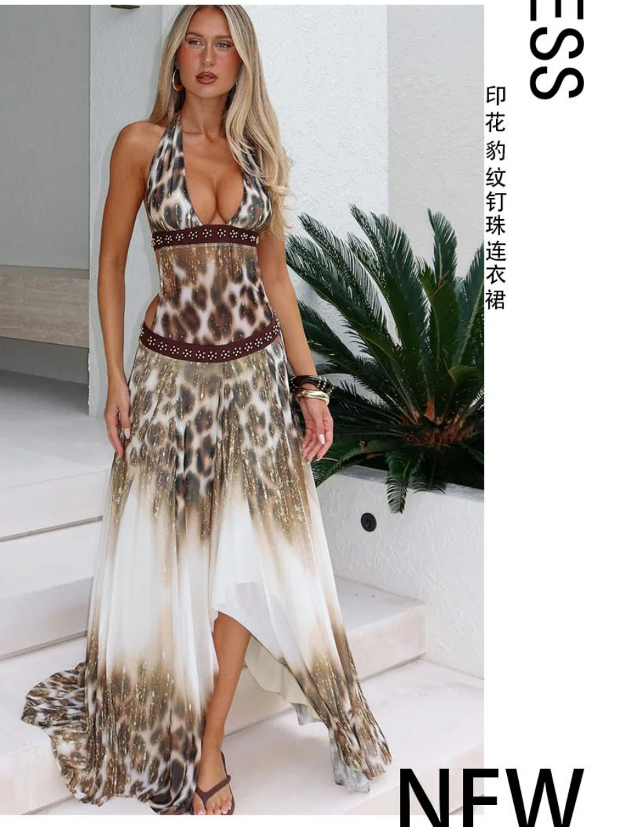Halter Leopard Print Splicing Backless Beading Maxi Dresses - Image 5