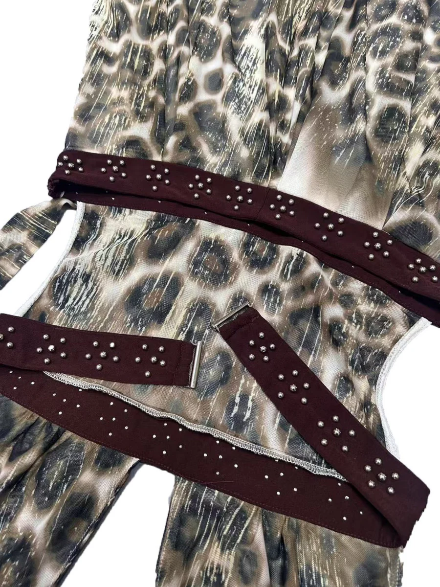 Halter Leopard Print Splicing Backless Beading Maxi Dresses - Image 6