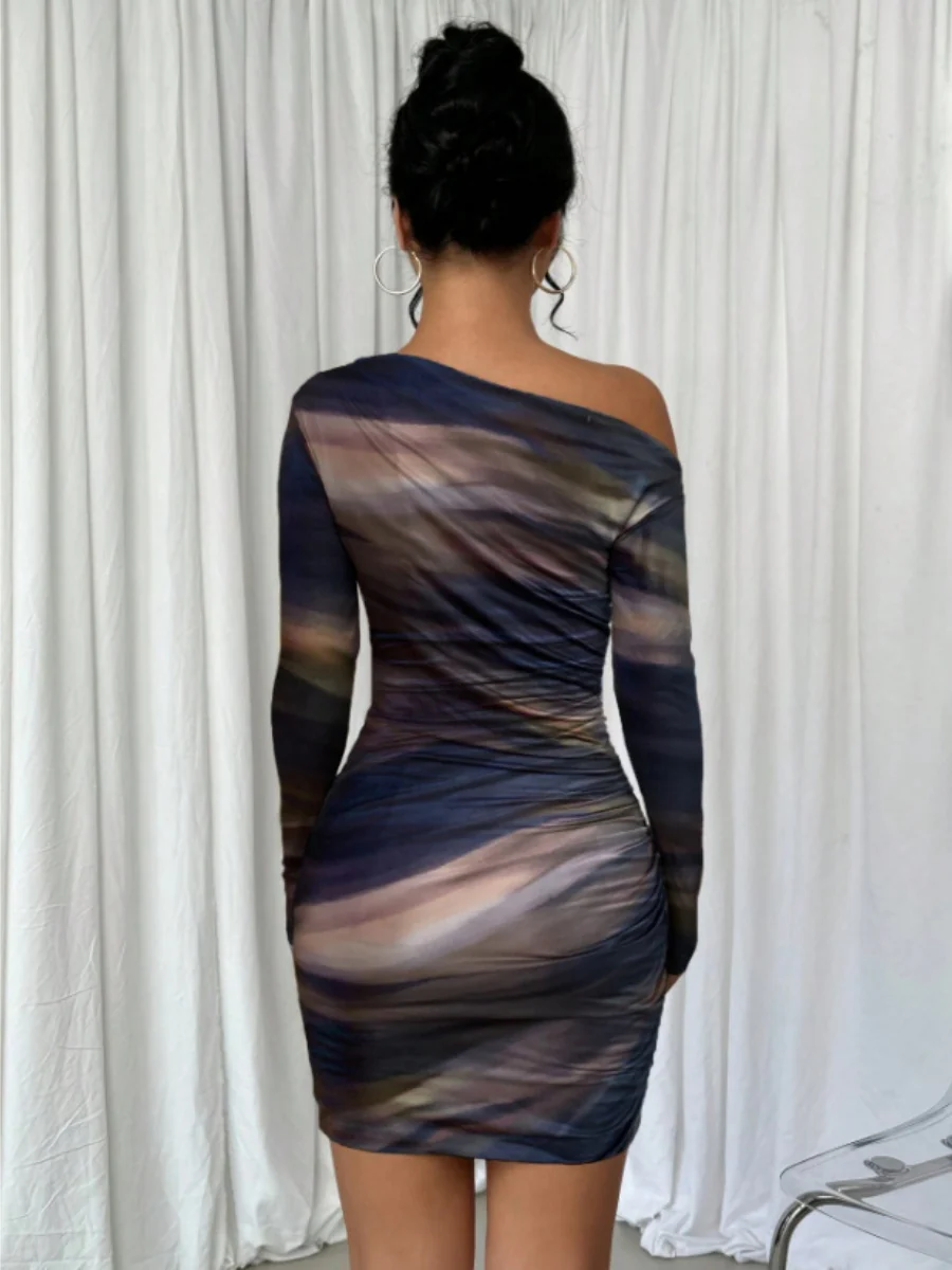 Pleated Slim-fit Hip-hugging Slant Collar Printed Mini&Short Dresses - Image 2