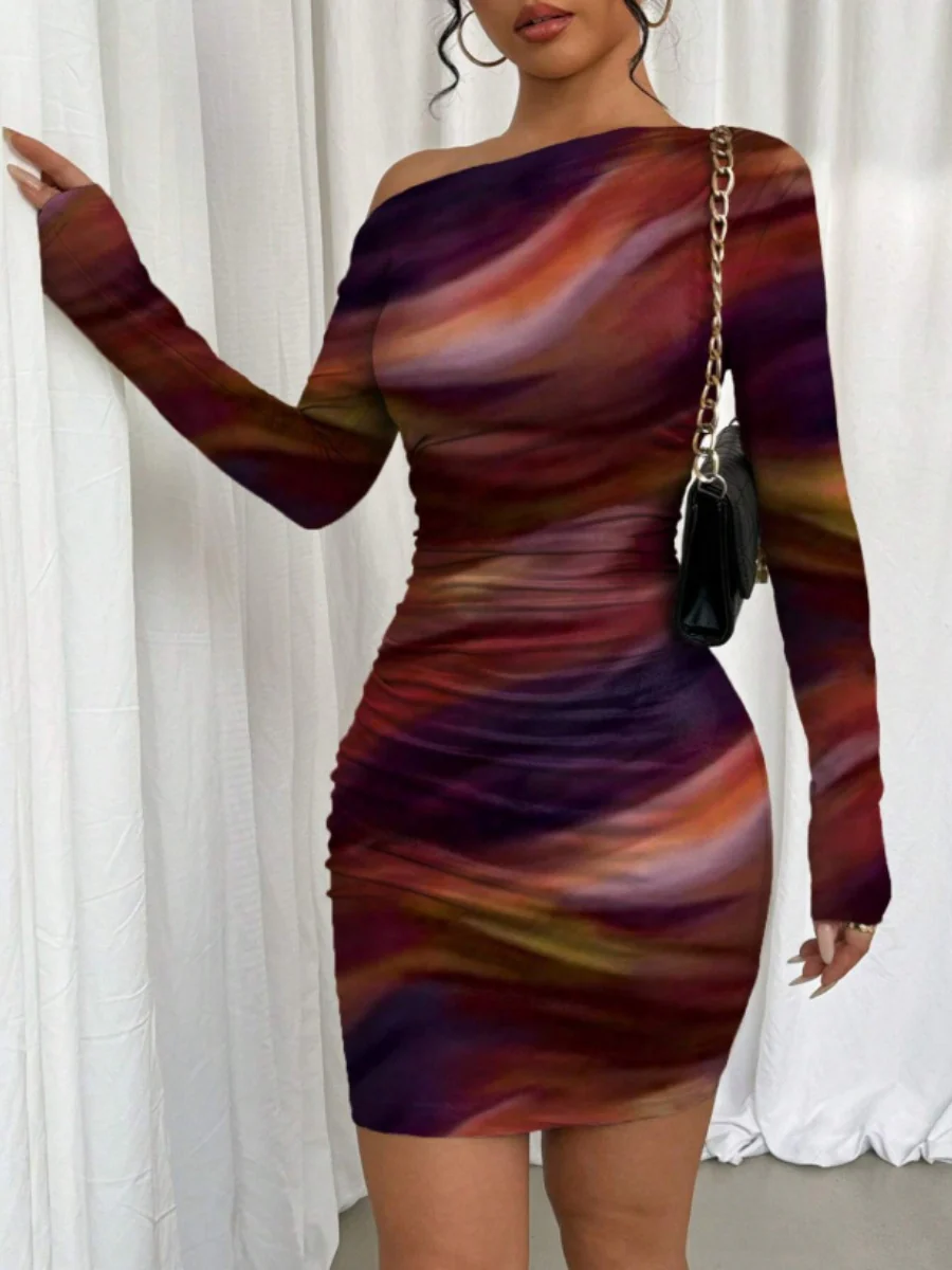 Pleated Slim-fit Hip-hugging Slant Collar Printed Mini&Short Dresses - Image 8