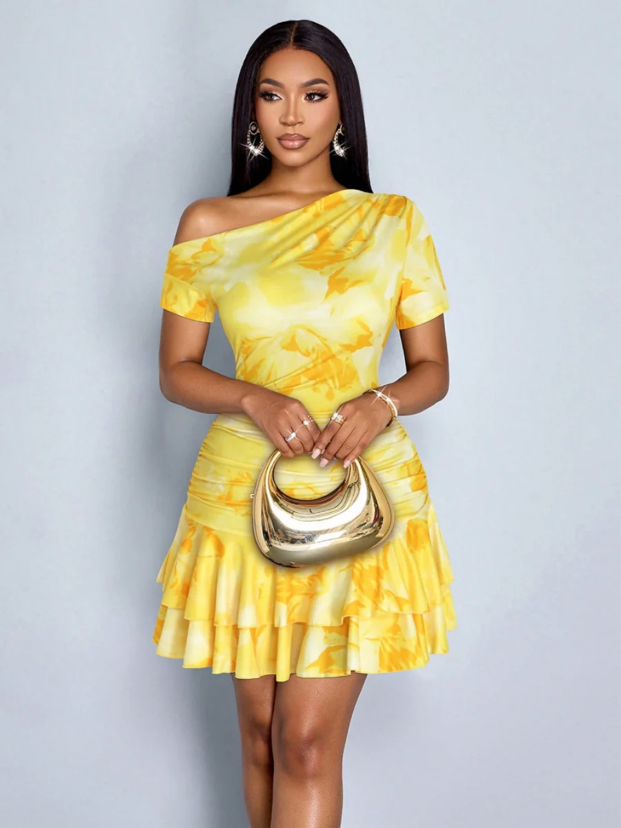One Shoulder Long Skirt Hip-hugging Ruffle Printed Mini&Short Dresses - Image 9