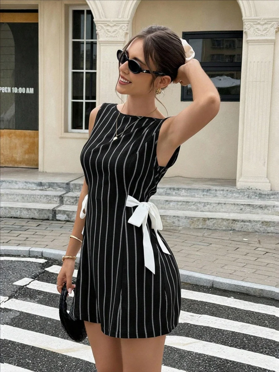 Stripes Sleeveless Reversible Bow Mini&Short Dresses - Image 12