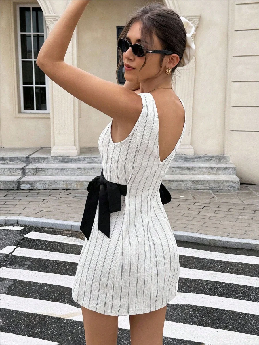 Stripes Sleeveless Reversible Bow Mini&Short Dresses - Image 2