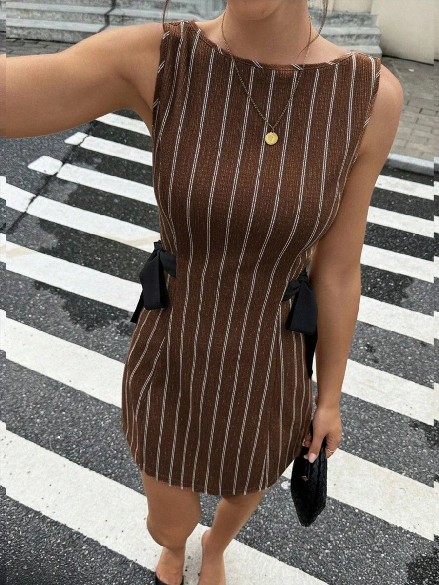 Stripes Sleeveless Reversible Bow Mini&Short Dresses - Image 21