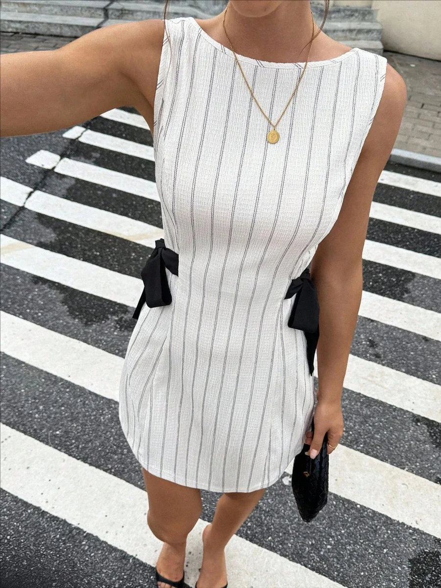Stripes Sleeveless Reversible Bow Mini&Short Dresses - Image 3