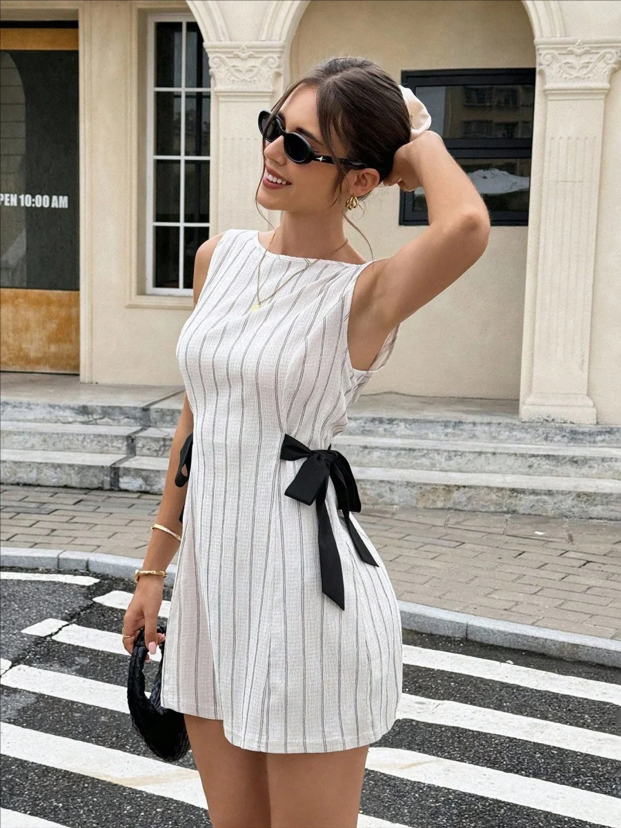 Stripes Sleeveless Reversible Bow Mini&Short Dresses - Image 6