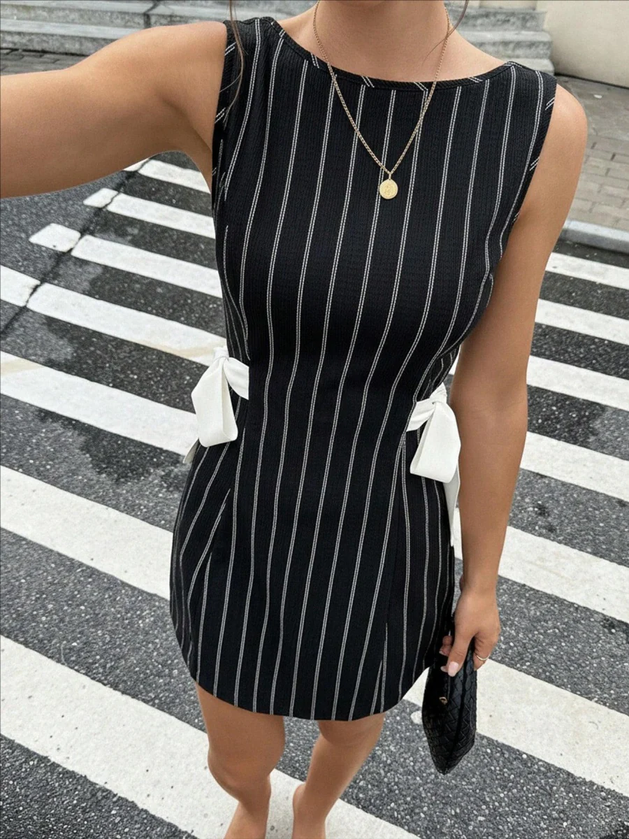 Stripes Sleeveless Reversible Bow Mini&Short Dresses - Image 9