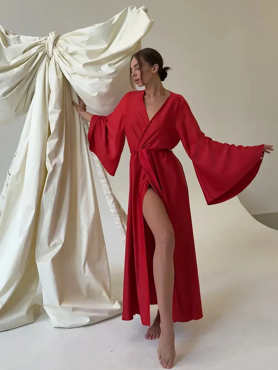 V-neck Thin Strap Nightgown Lazy Style Parties Maxi Dresses - Image 12