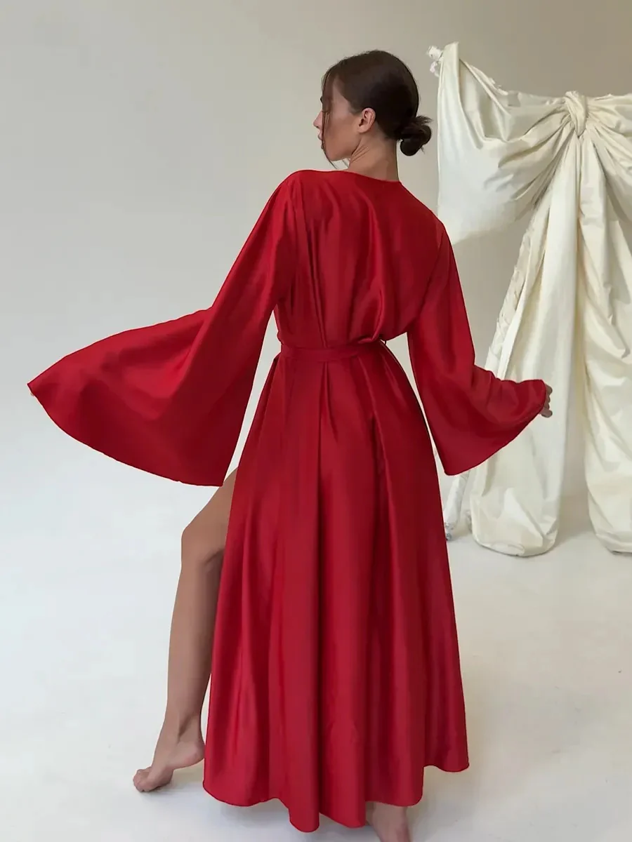 V-neck Thin Strap Nightgown Lazy Style Parties Maxi Dresses - Image 14