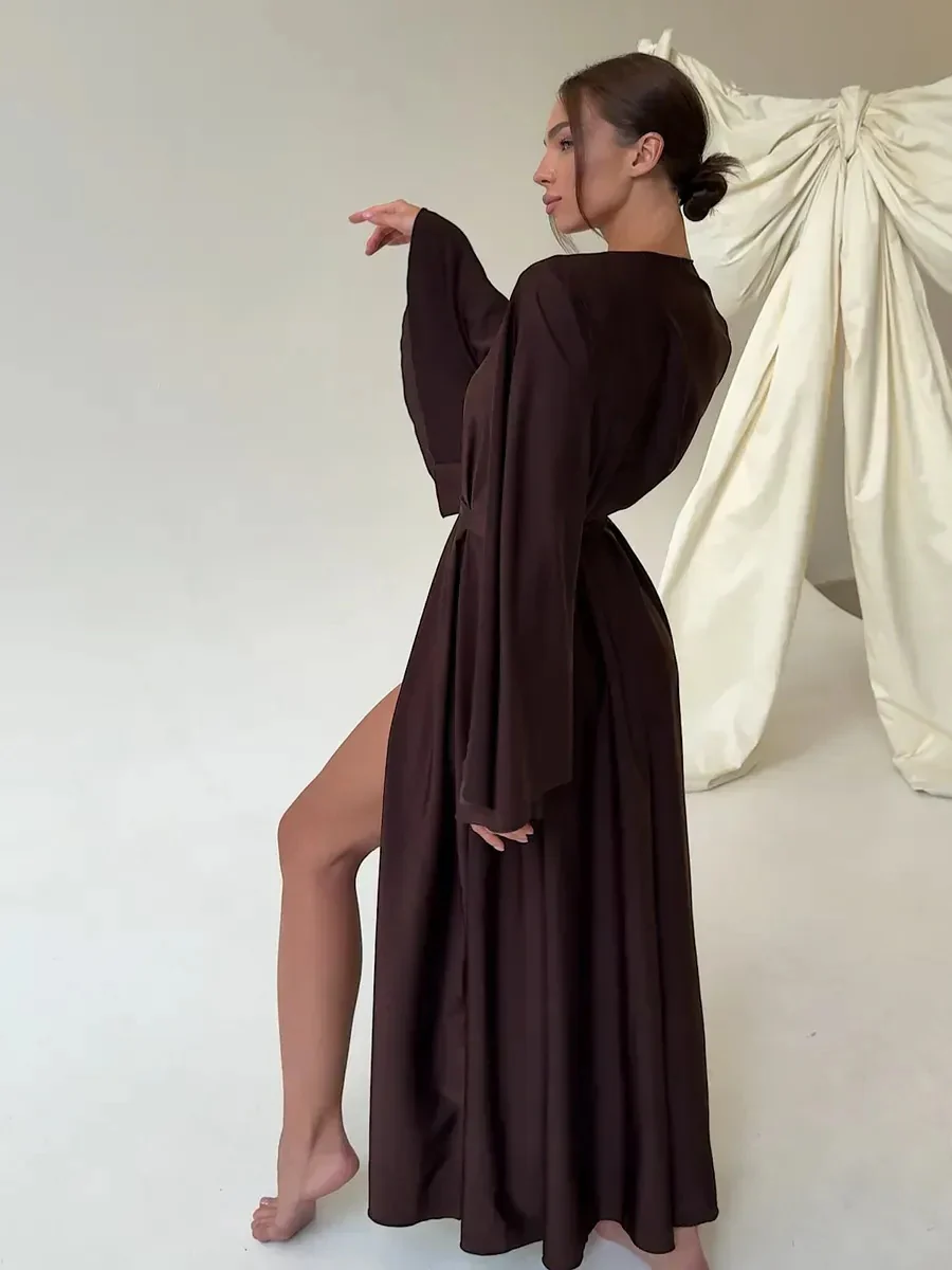 V-neck Thin Strap Nightgown Lazy Style Parties Maxi Dresses - Image 17