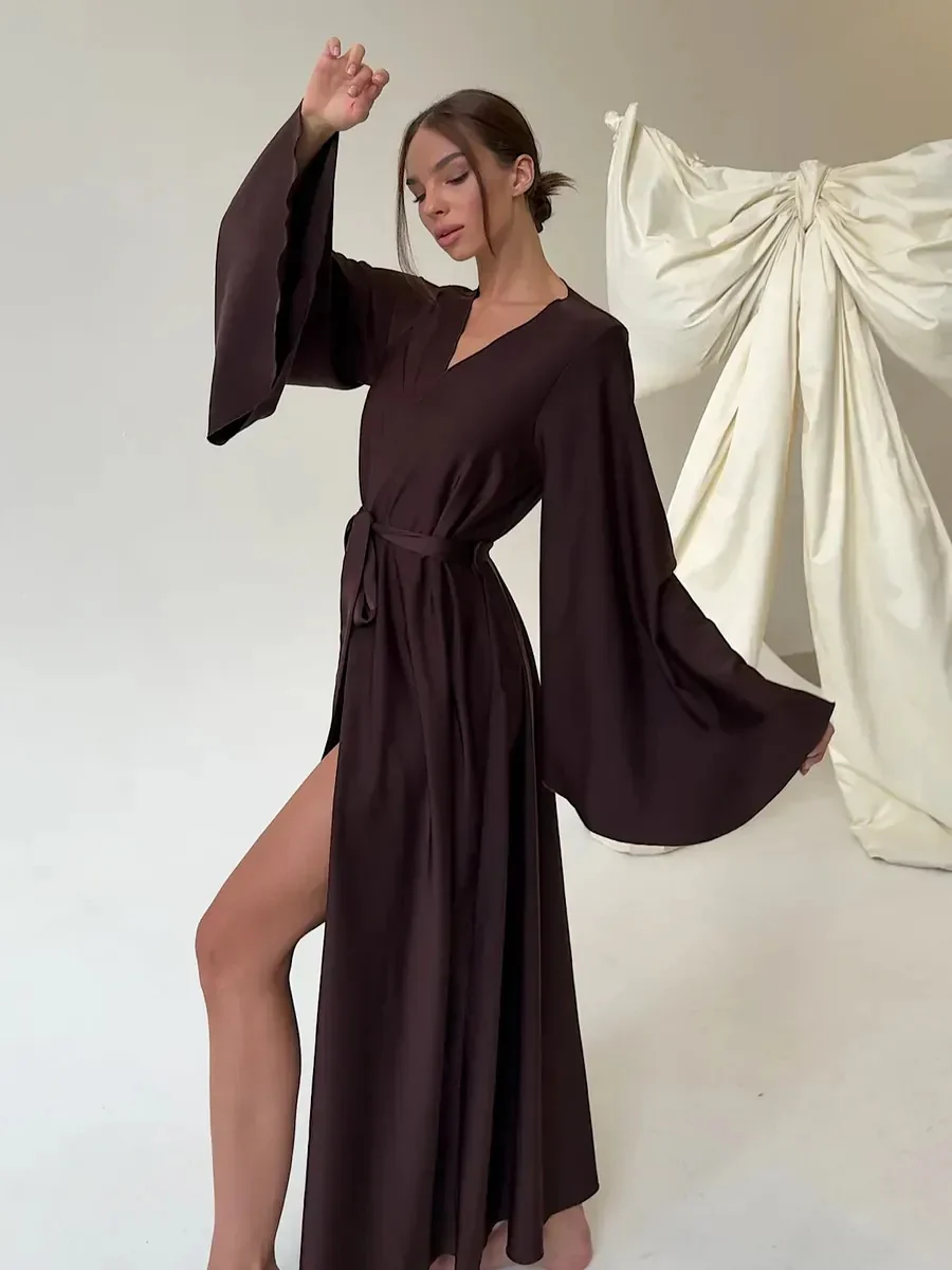 V-neck Thin Strap Nightgown Lazy Style Parties Maxi Dresses - Image 19