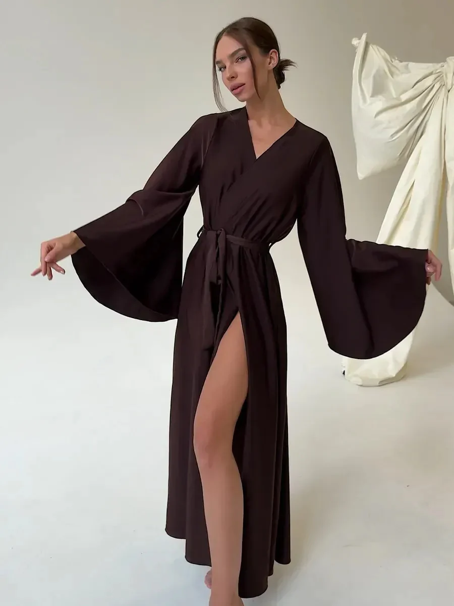 V-neck Thin Strap Nightgown Lazy Style Parties Maxi Dresses - Image 20